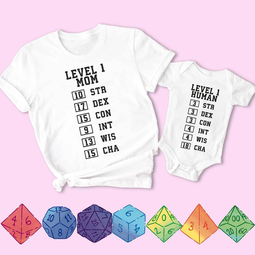 Parent-Child T-shirt Customized "Level1 Mom and Level1 Human" T-shirt