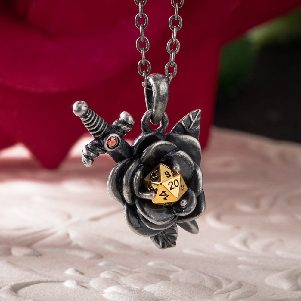 Custom Birthstone Retro Dark Rose Dice Necklace