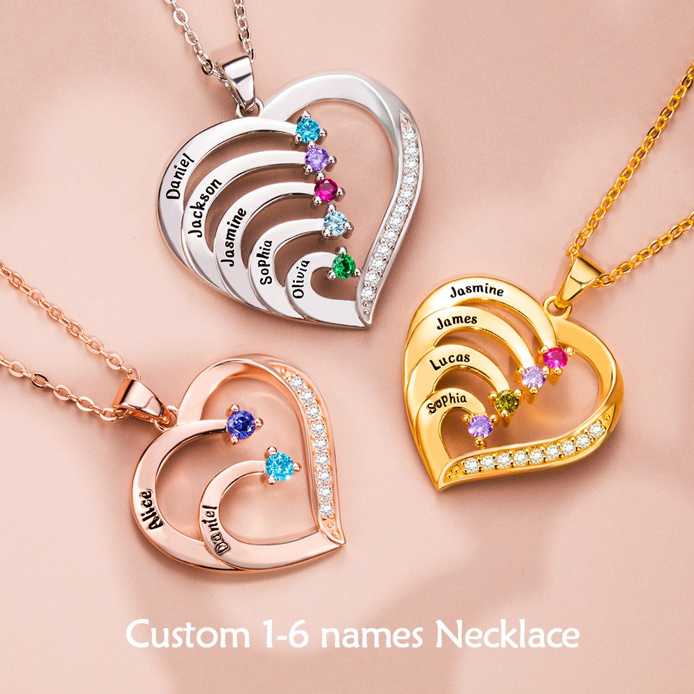 Personalized Name and Birthstone Family Heart Necklace