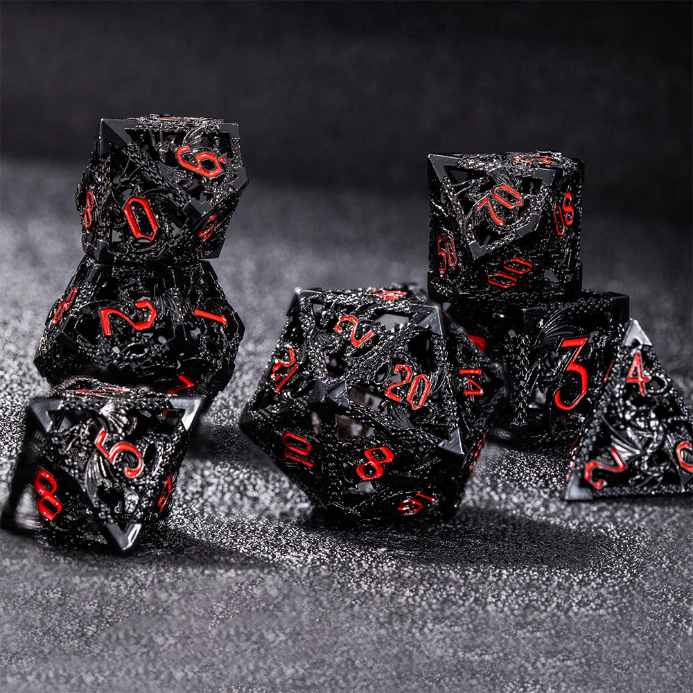 Black Weave Red Ink Hollow Metal Dice Set