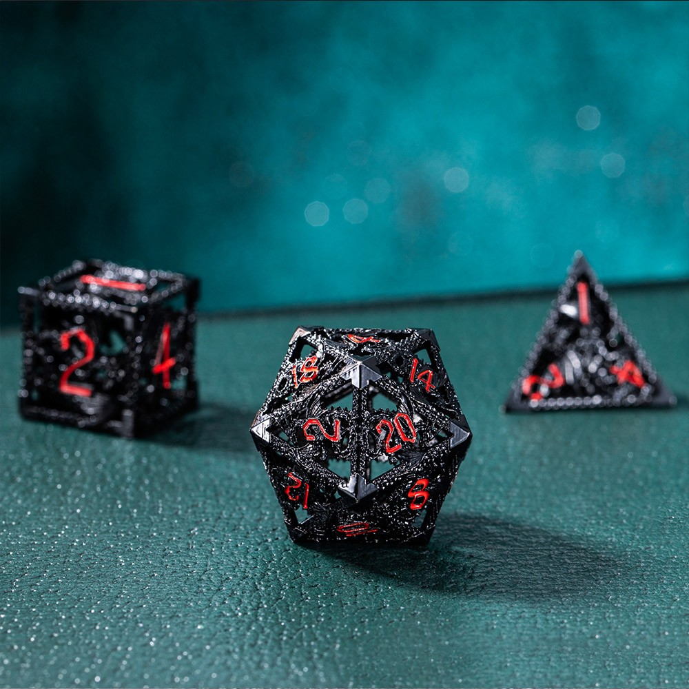 Black Weave Red Ink Hollow Metal Dice Set