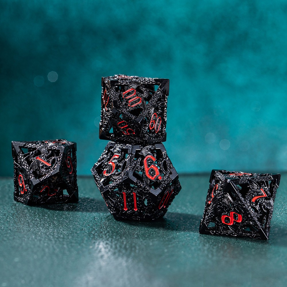 Black Weave Red Ink Hollow Metal Dice Set