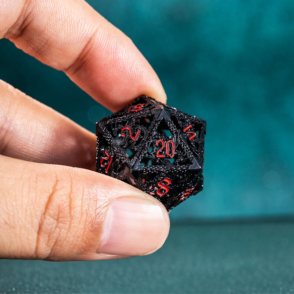 Black Weave Red Ink Hollow Metal Dice Set