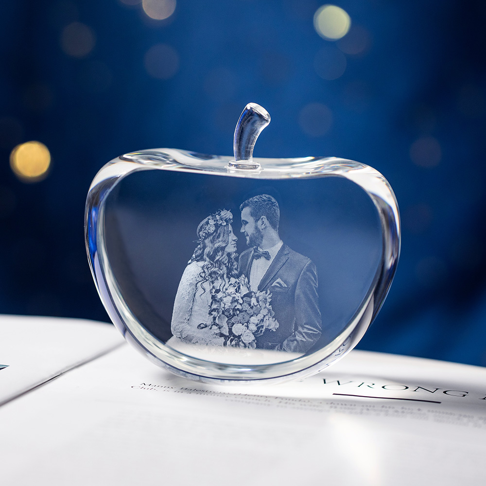 Personalized Gift for Her, Unique Home Decor, Custom Laser Etched Glass, Anniversary, Wedding 3D | Photo Crystal Apple