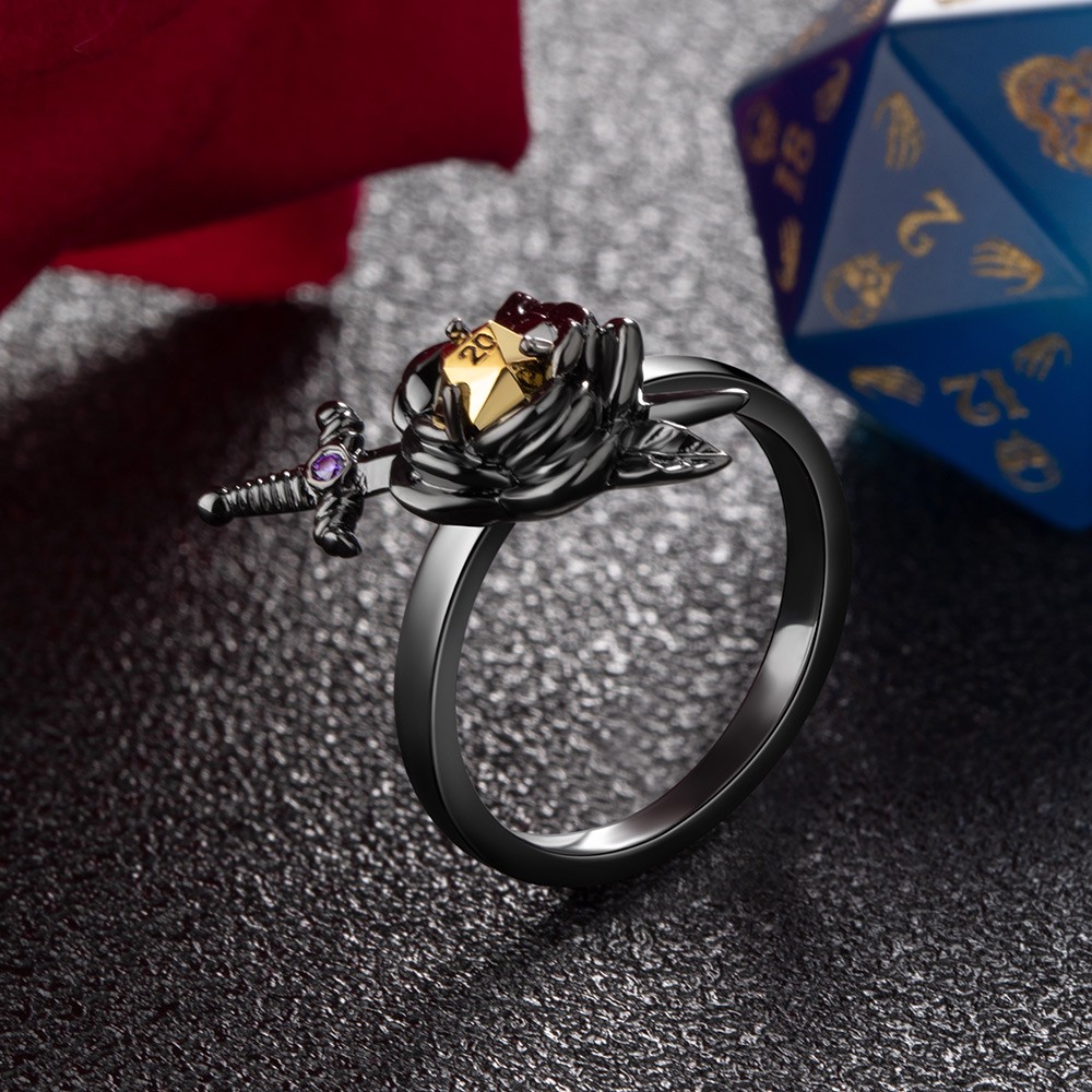 Custom Birthstone Vintage Black Rose Dice Ring and Necklace Set