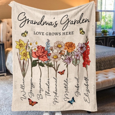 Grandma's Garden Blanket | "Grandma Love Grows Here" Personalized Throw | Birth Month Flowers with Family Names | Mother's Day Gift