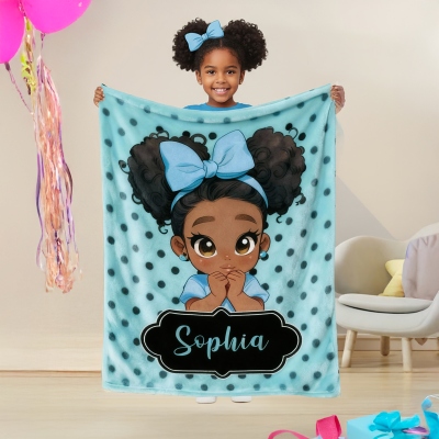 Personalized Name Cartoon Afro Black Girl Polka Dots Blanket, Flannel/Sherpa Soft Bed Couch Throw, Home Decor, Birthday/Christmas Gift for Girls
