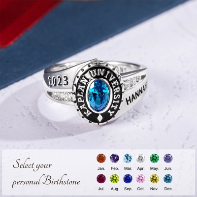 Custom Woman Birthstone School Class Ring with Engraved Text, High School University Graduation Ring, Graduation Gift for Class of 2025 Graduates