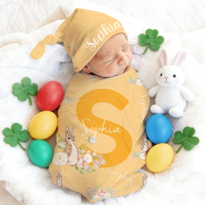 Custom Name Peter Rabbit Bunny Alphabet Receiving Blanket with Hat, Swaddle & Hat Set for Baby Girl Boy, Birthday/Baby Shower/Easter Gift for Newborns