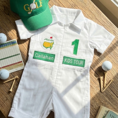 Personalized Golf Shorts-Long Caddy Outfit for kids*Toddler Golf White-Green Suit*Baby Golf 1st Birthday Uniform*Toddler Masters Costume