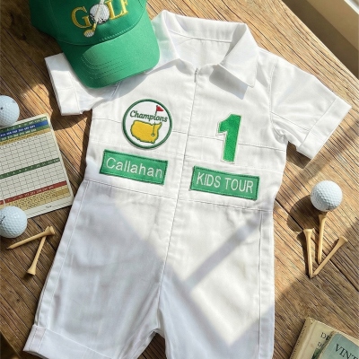 Personalized Golf Shorts-Long Caddy Outfit for kids*Toddler Golf White-Green Suit*Baby Golf 1st Birthday Uniform*Toddler Masters Costume