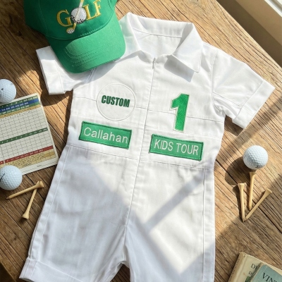 Personalized golf shorts caddie outfit for children, white and green golf outfit for toddlers, golf birthday outfit for babies.
