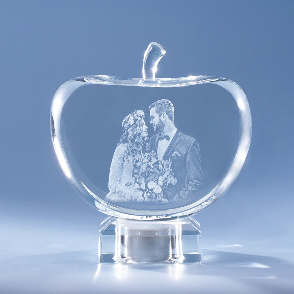 Personalized Gift for Her, Unique Home Decor, Custom Laser Etched Glass, Anniversary, Wedding 3D | Photo Crystal Apple