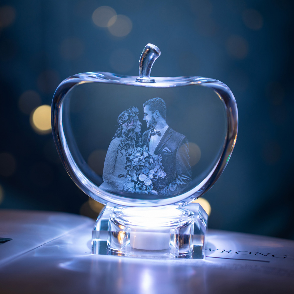 Personalized Gift for Her, Unique Home Decor, Custom Laser Etched Glass, Anniversary, Wedding 3D | Photo Crystal Apple