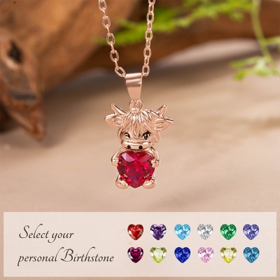 Personalisierte Geburtsstein-Halskette mit Hochlandrind, Kuh-Halskette, Halskette aus 925er Sterlingsilber, Plüschtier-Schmuck, Geburtstagsgeschenk für Mädchen/Tochter/Freundin