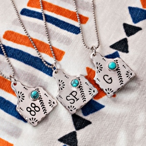 Ear Tag Turquoise Necklace with Initials, Numbers or Custom brand Cow Tag Pendant
