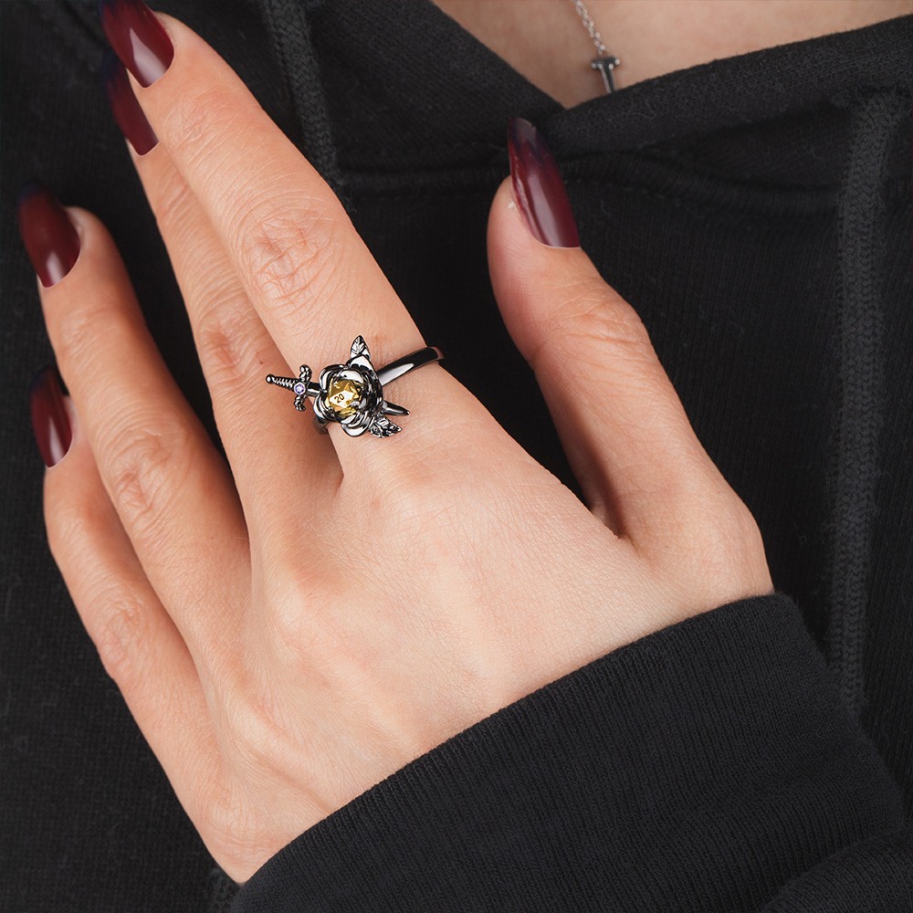 Custom Birthstone Vintage Black Rose Dice Ring and Necklace Set
