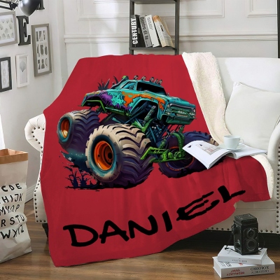 Personalized Name Giant Truck Blanket, Flannel/Sherpa Soft Bed Couch Throw, Bedroom Home Decor, Birthday/Christmas Gift for Kids/Teens/Boys
