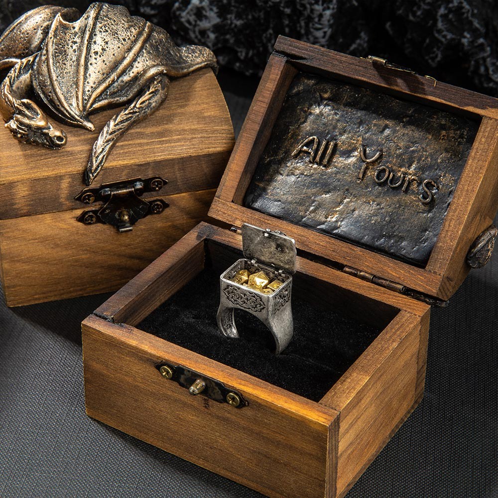 Dragon Ring Box and Mini Dice set for DND Custom Engraved Text Ring D20  Ring Custom Inner Ring Lettering DND Dice Ring with D20 Dice Doldols