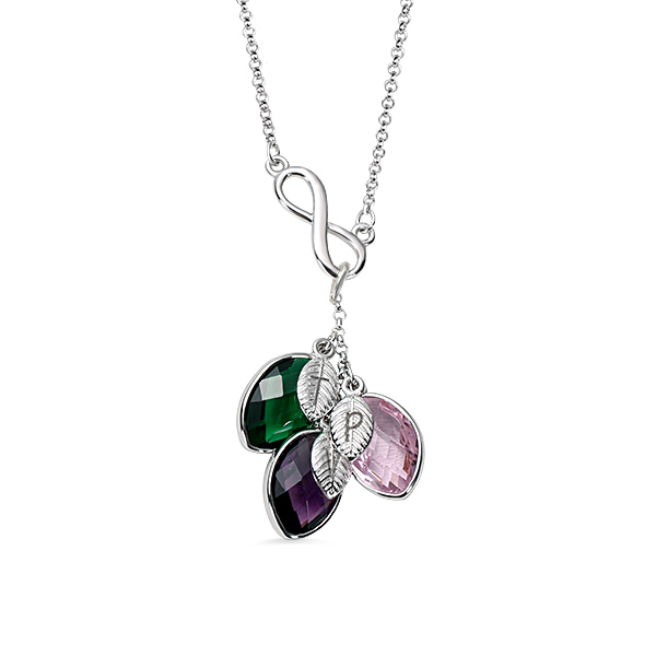 Personalized Family Birthstone Infinity Necklace with Initial Leaves