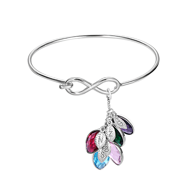 Pulseira personalizada da família pedra de nascimentoInfinity com folhas iniciais