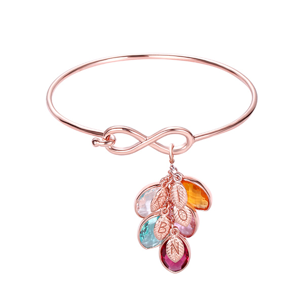 Pulseira personalizada da família pedra de nascimentoInfinity com folhas iniciais