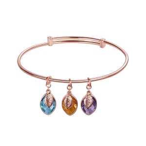 Personalized Family Birthstone Bangle with Initial Leaves in Rose Gold