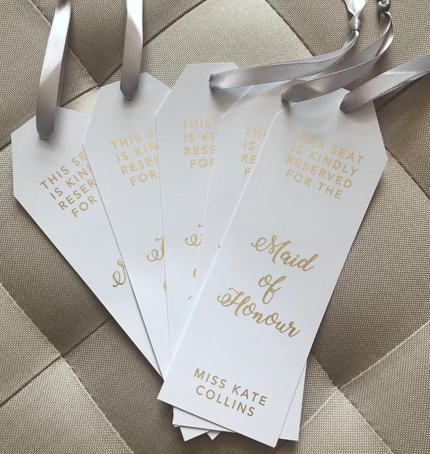 Set of 5 pcs, Foiled Personalised Wedding Seat Reservation Tag