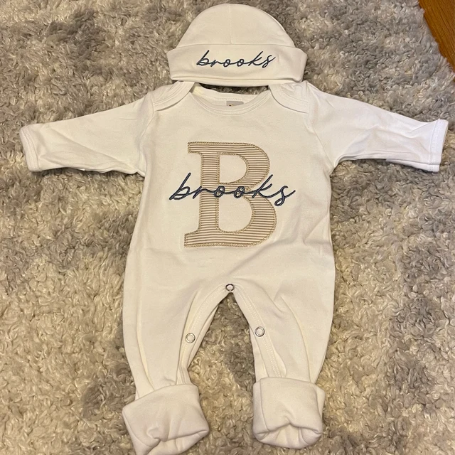 Personalized Neutral Baby Romper And Hat Set, Custom Infant Boy Coming Home Outfit