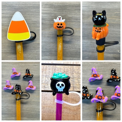 Halloween Straw Cap,Candy Corn Straw Cap,Cat in Pumpkin,Halloween Accessories  Straw Toppers Cup Accessories