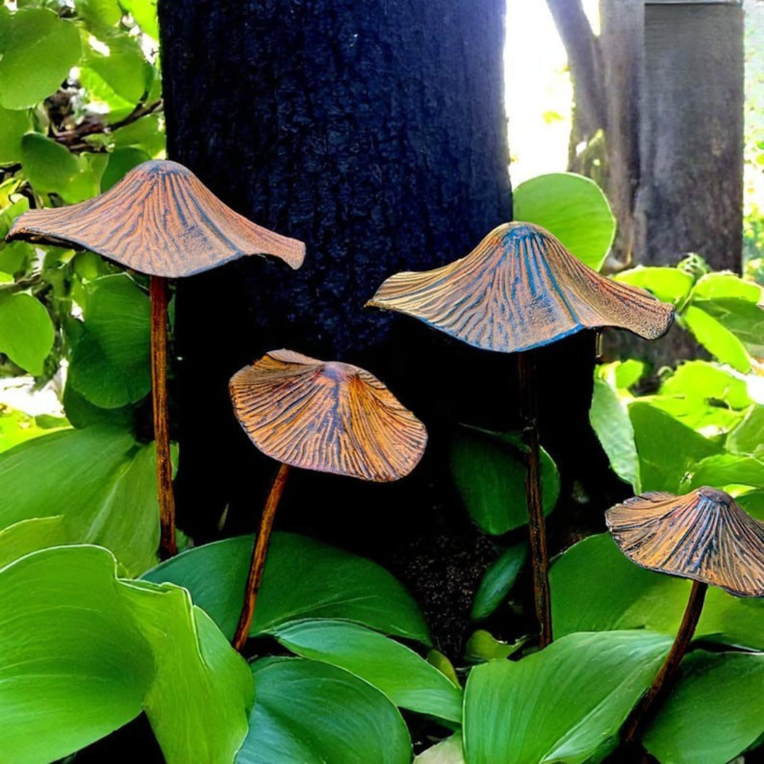 Rustic Metal Mushroom Garden Stakes Set of 2 | Fairy Yard Art | Weatherproof Iron Garden Decor | Unique Outdoor Sculpture Gift | Metal Ornament