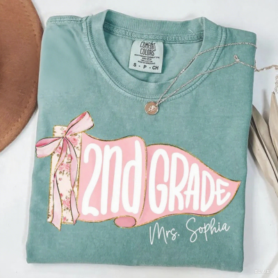 ⭐Free Personalization⭐ Pennants Flag Teacher Shirt, Custom Teacher Name Tee, Preppy Back to School Shirt, School Spirit Teacher Shirts, Coquette Bow Elementary Tee