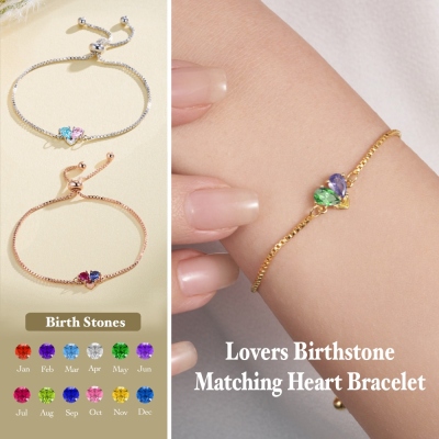 Custom Matching Heart Birthstones Bracelet, Sterling Silver 925 Adjustable Two Birthstones Wristlet, Anniversary/Valentines Gift for Couple/Bestie