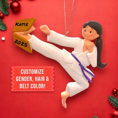 🎁Buy 2 FREE SHIPPING🎁|Personalized Karate Ornament - Custom Belt Color - Brunette Martial Arts Christmas Keepsake - Karate 2025 Personalized Gift