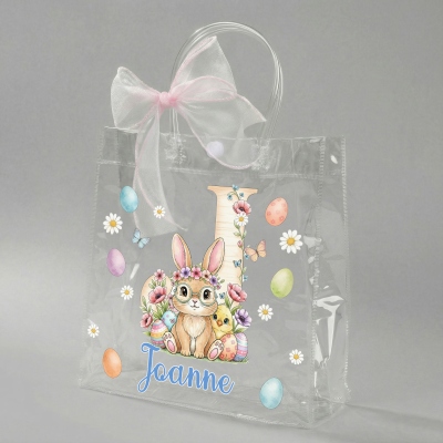 Personalized Name Floral Bunny Alphabet Easter Gift Bag with Pink Bow Ribbon, PVC Clear Easter Egg Hunt Bag, Easter Gift for Kids/Girls/Boys