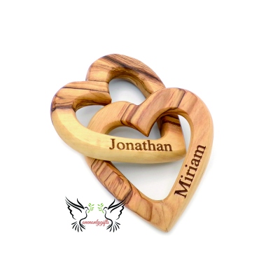 Personalized Interlocking Hearts, 5th Anniversary Gift For Her Him Olive Wood