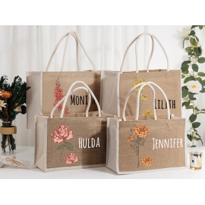 Personalized Tote Gift Bags, Brith Birth Flower Burlap Bag