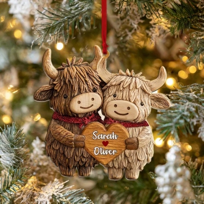 🐮Free Personalization🐮 2D Personalized Highland Cow Couple Ornament, Custom Name Christmas Gift for Couple, Cute Farm Animal Ornament, Rustic Love Keepsake 2025