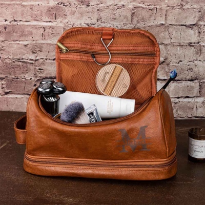 Custom Leather Waterproof Portable Toiletry Bag with Monogram, Dopp Bag for Men, Anniversary/Father's Day/Birthday Gifts for Boyfriend/Groomsmen/Him