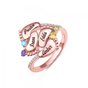Engraved Baby Feet Ring with Birthstone