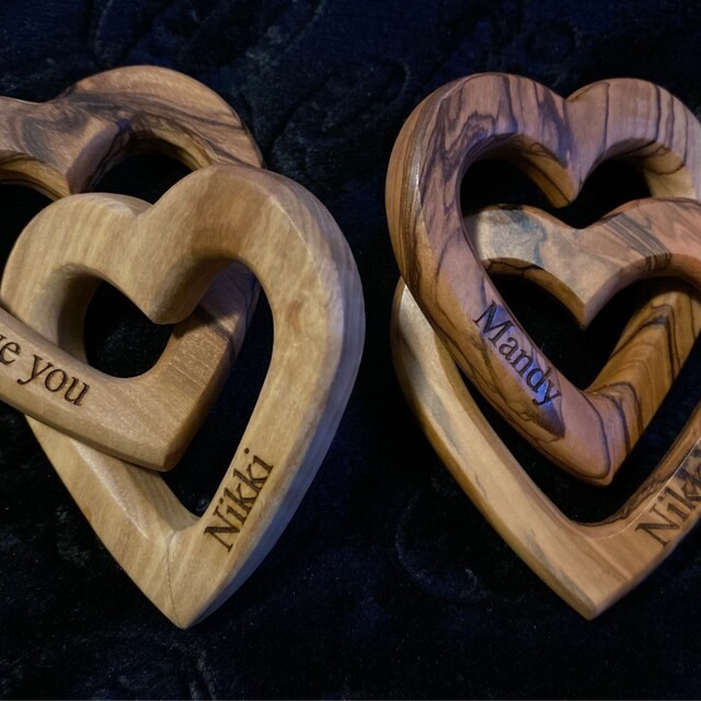 Personalized Interlocking Hearts, 5th Anniversary Gift For Her Him Olive Wood