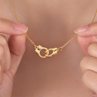 Personalized Police Handcuff Necklace with Double Initials, Interlocking infinity Necklace, Valentine's Day/Birthday Gift for Her/Him/Couple