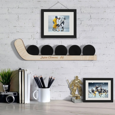 Custom Hockey Puck Display Shelf, Hockey Stick Wooden Ornament with Name, Gifts for Hockey Players, Gift for Grandfather/Father/Him