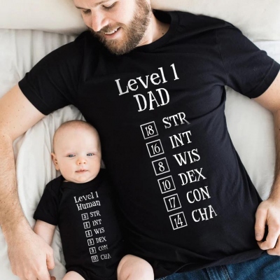 Parent-Child T-Shirt Customized Clothes  Level 1 Human T-Shirt, Baby Clothes, Baby Shower, Father's Day Gift, New Baby Gifts, DND T-Shirt Gift For Him