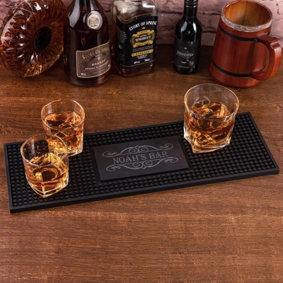 Personalized Name Minimalist Black Square Bar Mat, Custom Waterproof Anti-Slip Whisky Beer Coaster, Alcohol Gift for Dad/Boyfriend/Bartender