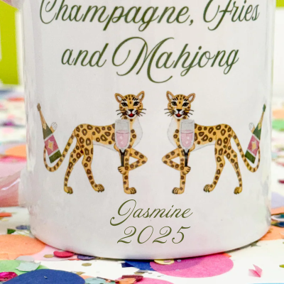 🀄Free Personalization🀄Champagne Fries and Mahjong Mug – Funny Mahjong Gift, Cheetah Coffee Cup, Mahjong Lover Drinkware