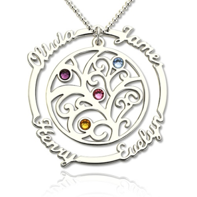 Decent Birthstone Family Tree Necklace with Names for Mother in Silver