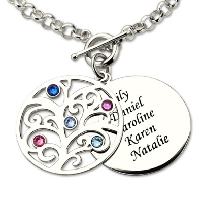 Sterling Silver Gorgeous Engraved Family Tree with Birthstone Bracelet