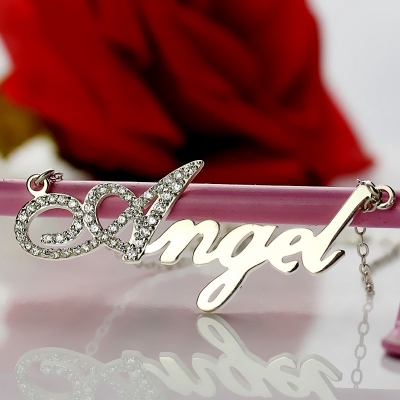 Sterling Silver Graceful Initial Full Birthstone Script Name Necklace