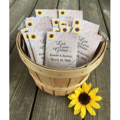 Personalized seed packet wedding favors with Sunflower Burlap and lace